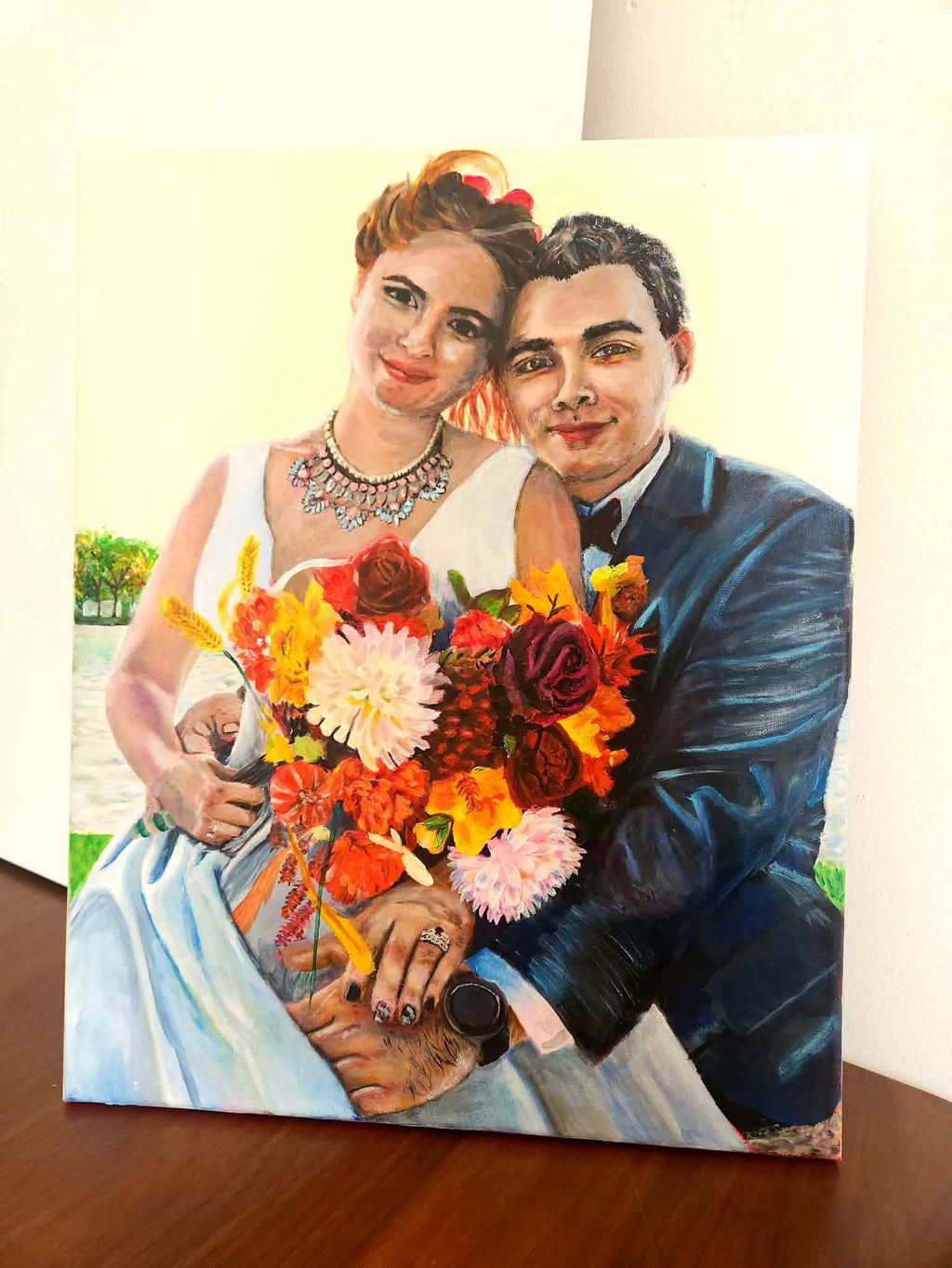 Wedding painting with water background and bright orange and yellow bouquet 