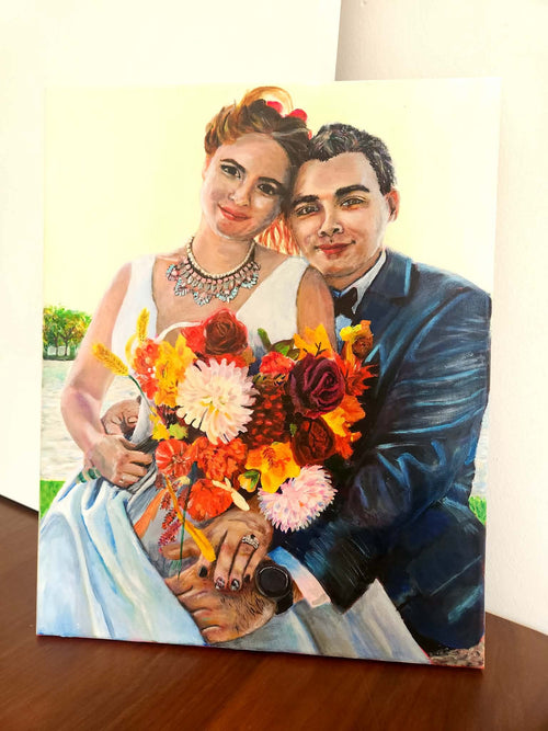 Wedding painting with water background and bright orange and yellow bouquet 