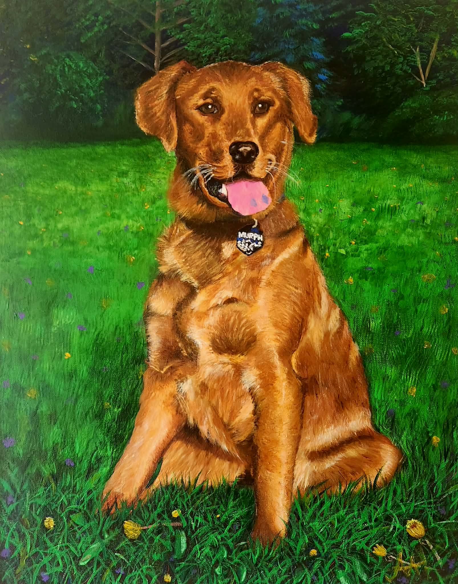 Golden retriever in a grassy area in front of woods