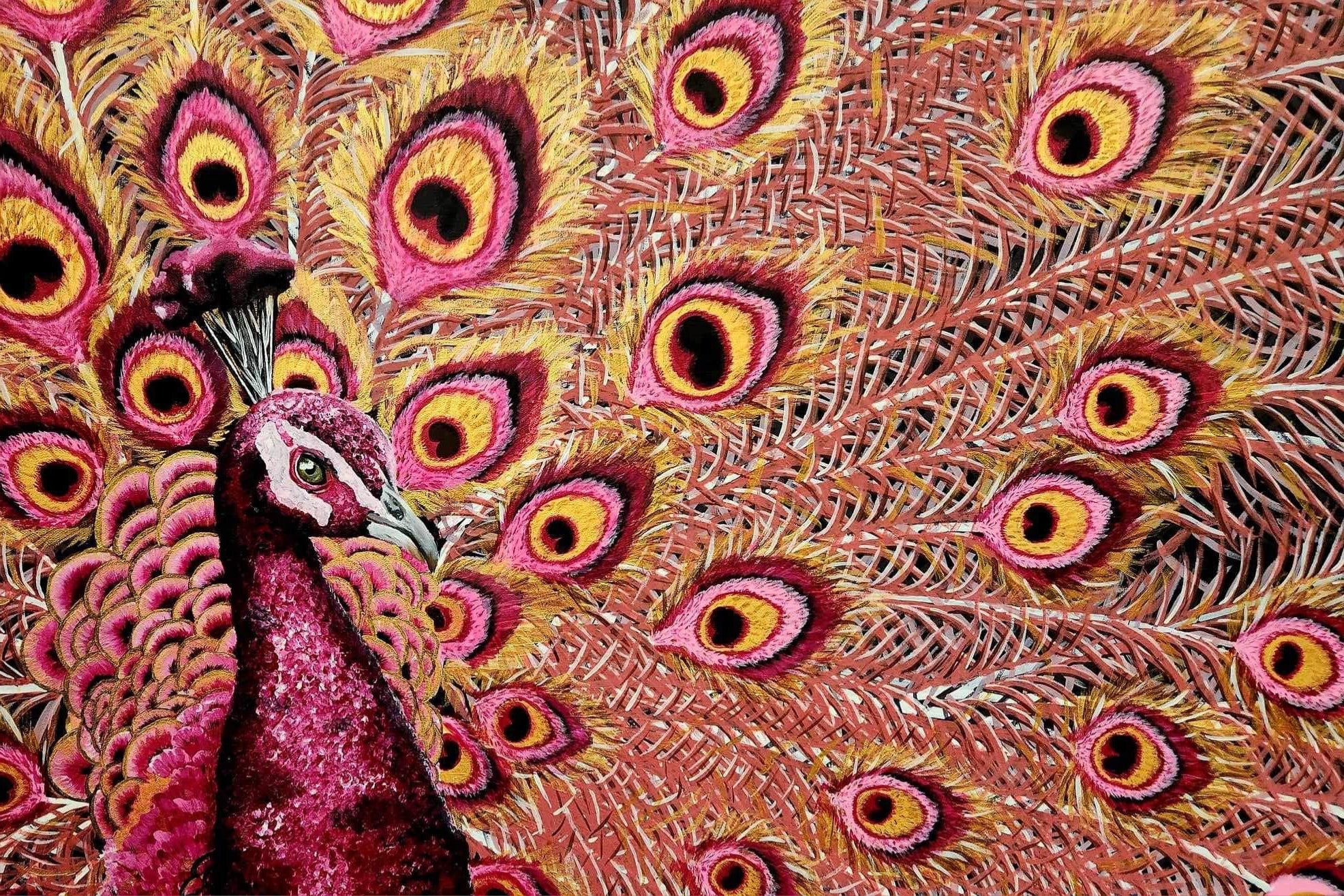 Pink peacock with golden accents 